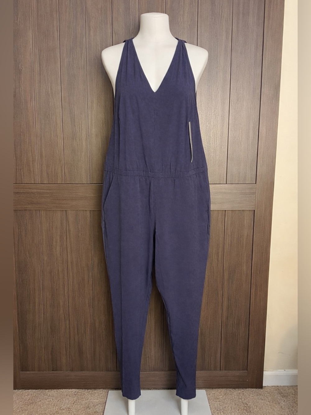 Athleta Women's Blue Brooklyn Textured Jumpsuit Medieval Violet Pockets Size 24